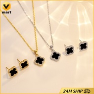 Lucky Four-Leaf Clover Necklace Set Black and White 18K Gold Pendant
