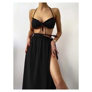 3packs Ruched Frill Thong Bikini Set & Beach Skirt for Summer Vacation - Stylish Black Bikini Set wi