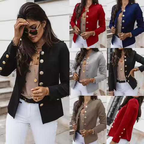 Women Slim Blazer Coats Casual Single Gold Button Breasted OL Workwear Short Jackets NMD-6615