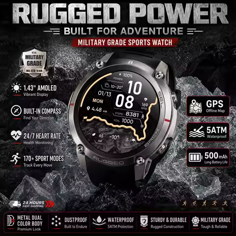 2026New Military GPS SmartWatch Offline Map 5ATM Swim true AMOLED Screen Always display the time Cal