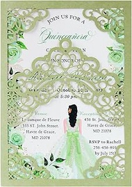 Hosmsua 50PCS Blank Sage Green Quinceanera Invitations with Envelopes, 5.1x7.3 Inch Laser Cut Floral