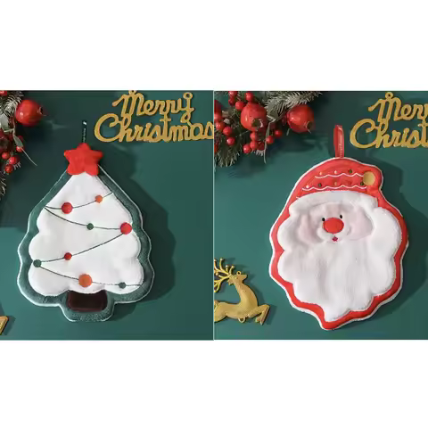 Christmas 2-Pc Hand Towel Set w/ Hanging Loops. Super Absorbent Santa & Tree Design. Ideal Festive G