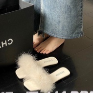 Women's Fairy Shoes Summer Women's Fur Rabbit Fur Slippers Women Outside New Style Crystal Flat Bott