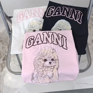 [Early Summer Series] GANNI Women's White Pink Fun Poodle Print Round Neck Short Sleeve T-Shirt Top