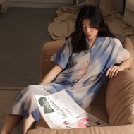 Women's Summer Cotton Pajamas2025New Year's New Premium Short Sleeve Cardigan Lapel Nightdress Weara