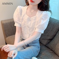 AMMIN เสื้อเชิ้ตผ้าชีฟองแขนพองของผู้หญิงเสื้อคาร์ดิแกนแขนสั้นสีขาวผ้าชีฟองหรูหราบางแฟชั่นใหม่ฤดูร้อน