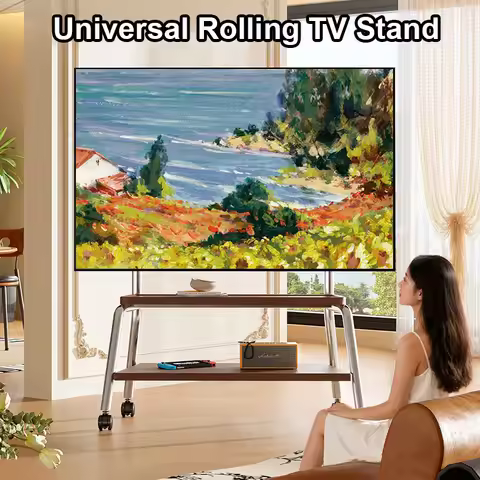 Mobile TV Stand Rolling TV Cart with Wheels for Most 32-90 Inch TV Stand with Double Wooden Shelf He