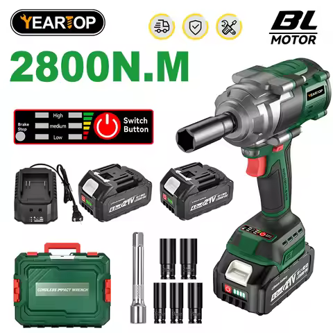 YEARTOP 2800N.M Brushless Electric Extended Anvil Impact Wrench 1/2 Inch Cordless Car Repair Power T