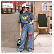 KATUN (SIZE 7,8,9TH) L2HJ-SET TEDDY *non-ripped pants Fashion/ Girls' short-sleeved jeans Cotton L2H