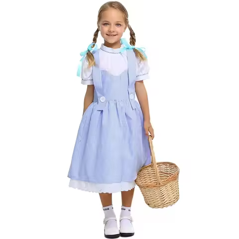 Fairytale Character Blue Gingham Dress Outfit Child Wizard Of Oz Dorothy Costume Cosplay Halloween C