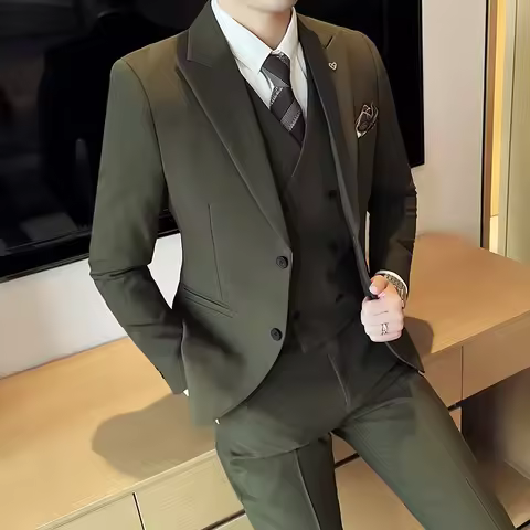( Blazer + Vest + Pants ) High End Brand Boutique Solid Color Men's Casual Business Suit 3Piece Set 