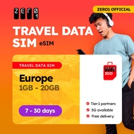 Europe / UK / Turkey eSIM Card 30 days 10GB - 20GB Data | 4G/5G | Zero1 2GO full speed Travel Data S