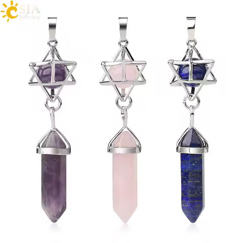 CSJA Reiki Natural Stone Pendant Merkaba Locket Pendulum Hexagonal Prism Crystal Long Pendants for N