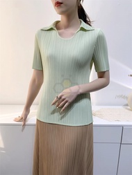 ■ Aiden001 Average Size (45-70Kg) High Elasticity Non-Ironing Summer T-Shirt Collar Top Ladies Slim