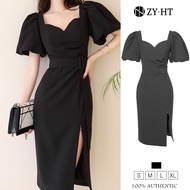 ZYHT eravogue Váy dạ hội màu đen Tay Phồng Slim Hepburn của Pháp đầm body nữ ôm body xẻ tà đầm sang