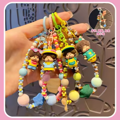 Genuine Monchhichi Flocked Beaded Keychain, Cute Cartoon Mini Monchhichi Figurine Charm, Women’s Bag