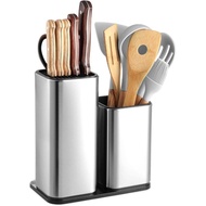 Knife Holder and Utensil Holder - Stainless-Steel Modern Rectangular Design Universal Knife Block an