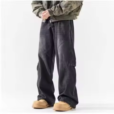 Men Fashion Retro Smoke Grey Elastic Waist Jeans Classic American Style Straight Leg Loose Male Deni