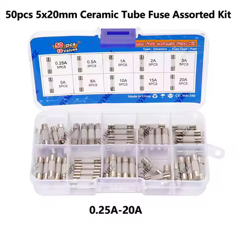 50pcs 5x20mm 0.25A-20A Ceramic Tube Fuse Assorted Kit Amp 0.25A 0.5A 1A 2A 3A 5A 8A 10A 15A 20A 250V