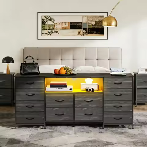 TV Stand for 65, 70, 75 inch TV, Entertainment Center with LED Lights & Charging Station, TV Media C