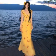 <[CDATA[High-End Aristocratic Skirt - French Twilight Rose V-Neck Narrow Waist]]><[CDATA[ Floral Dre