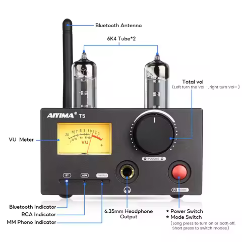AIYIMA T5 V2.0 HiFi Bluetooth 5.1 Vacuum Tube Headphone Amplifier 2RCA VU Meter Class D 2.0 Channel 