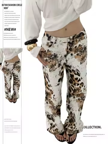 Women's Low Rise Jeans Leopard Print Stacked Jeans Flared Denim Pants American Retro Skinny Y2k Japa