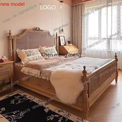 Hepburn 1.8m Retro Carved Double Bed Solid Wood Rattan French Style King Size Soft Bed for HomeStay 