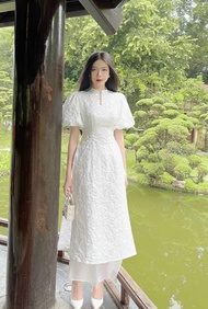 [Voucher 50k Freeship Max 0 đồng toàn quốc] Set áo dài gấm hoa nổi tay phồng cài nút đẹp như hình qu