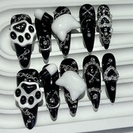 Kawaii Y2K Gyaru Black White Long Tip Handmade Press On Nails Jirai Kei 3D Cat Paw Love Cross Fake N