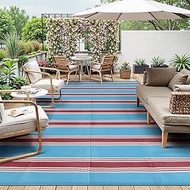 Lahome Striped Outdoor Plastic Straw Rug, Reversible Outdoor Rug Waterproof 9x12 Rugs for Patio, RV 