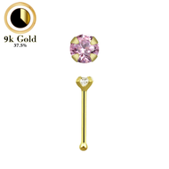 กระดูกจมูกทองคำ 9k 22 ก. (0.6 มม.) ทรงกลมใส 1.5 มม. กุหลาบ เขี้ยวอเมทิสต์อ่อน CZ - 9k gold nose bone