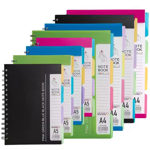 96-Sheet Spiral Notebook with 4 Divider Pages A4/A5 Sizes Lined Pages Blue Green Black Rose Wireboun