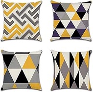 Cushion Cover, 65x65cm Set of 4, Yellow Gray Geometric Soft Velvet Throw Pillow Cases 26x26in, Square Sofa Cushion Cover with Invisible Zipper for Couch Bed Car Bedroom Home Decor