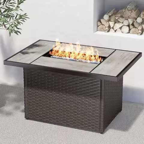 Outdoor 43inch gas fire pit meter 50,000 BTU rectangular propane fire pit with tile top and wicker b