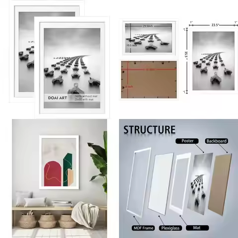 White 2-Piece 24x36 Poster Frame Set for 20x30 Photos with Mat, Polished Plexiglass, Wall Mountable