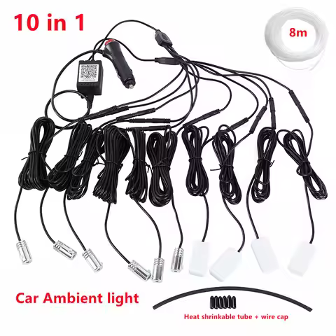 Universal 10 in 1 RGB LED 8M Car Interior Ambient Decor Fiber Optical Strip Light by App Control car