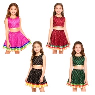 Indian Lehenga Choli - Satin Brocade with Gold Motifs, Back Zip Crop Top, Colorful Stripe Skirt