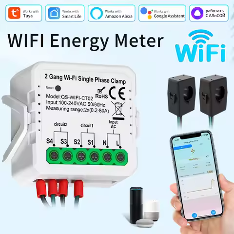 Tuya WiFi Smart Energy Meter AC100-240V 1CT 2CT Clamp App Control 80A Power Monitor Energy Consumpti