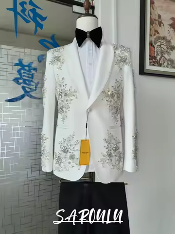 2 Pieces Men Elegant White Groom Tuxedo Luxury Hand Sewn Rhinestone Shawl Lapel Suit Jacket & Black