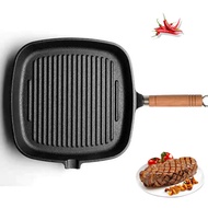 24cm Steak Frying Pan Iron Grill Pan No Coating Non Stick Pot Camping Steak Grilling Pan BBQ Iron Pan Wok Cookware Tool