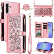 for Samsung Galaxy A56 5G Floral Wallet Case with Wrist Strap Shoulder Strap, Zipper Purse PU Leathe
