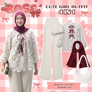 Cute 4-in-1 OutfitGirl (Blouse, Pants, Hijab, Bag) Viral Trendy Women's Hijab Set -GNK031