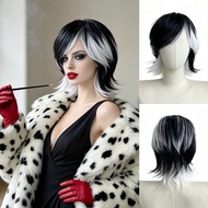 New Style Cruella Cosplay Wig Halloween Cosplay Wig Black White Hair with Wolf Tail Short Hair for W