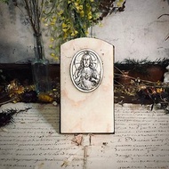 法國古董手工玫瑰石紋大理石鍍銀耶穌聖像立牌