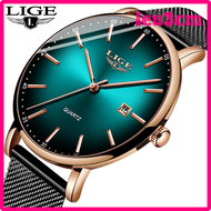 LIGE นาฬิกาแฟชั่นผู้ชาย,LEUC3M หรูหรากันน้ำสีฟ้านาฬิกาควอตซ์แบบเรียบง่ายวันที่แบบบางเฉียบนาฬิกากีฬาลำลอง