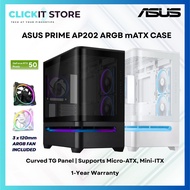 ASUS PRIME AP202 TG ARGB (3 x ARGB Fans Included) Black / White mATX PC Case | Curved TG Panel