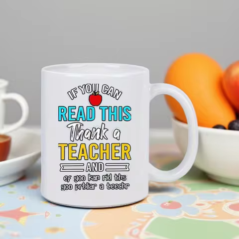 Funny Teacher Mug - "If You Can Read This Thank a Teacher" - White Ceramic Cup with Blue & Yellow Te