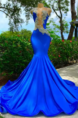 Royal Blue See Through Mermaid Dress Custom Made Smooth Appliques Beaded Evening Dresses Custom Made