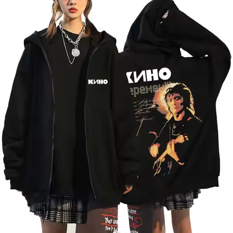 Legendary Russia Rock Band Kino Viktor Tsoi Face Graphic Zipper Hoodie Men Women Oversized Vintage Z